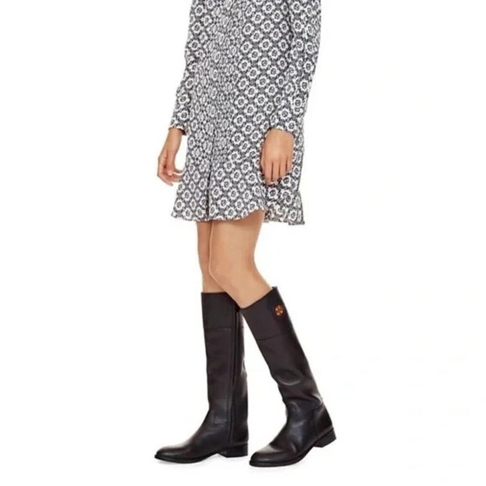 Tory Burch Junction Riding Boot Black Tall Leather Logo Round Toe Classi…